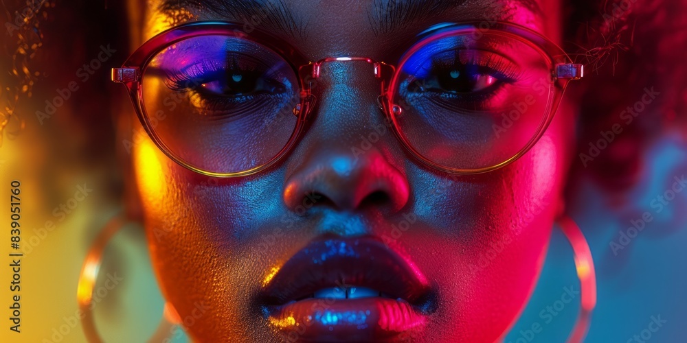 A close-up portrait of a woman wearing glasses with vibrant neon lights illuminating her face A close-up portrait of a woman wearing glasses with vibrant neon lights illuminating her face
