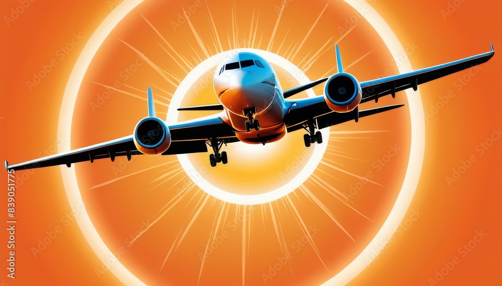 A dynamic digital illustration of an airplane soaring through a radiant orange sky, with a brilliant sunburst in the background, capturing the energy and excitement of flight.. AI Generation A dynamic digital illustration of an airplane soaring through a radiant orange sky, with a brilliant sunburst in the background, capturing the energy and excitement of flight.. AI Generation