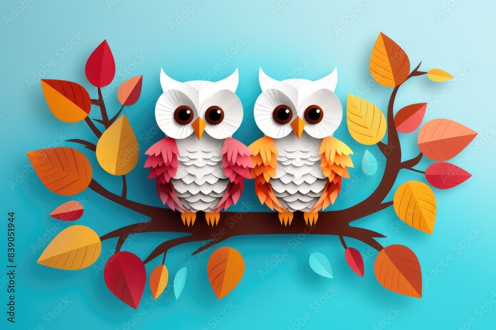 cute owl couple sit on branch paper art illustration cute owl couple sit on branch paper art illustration