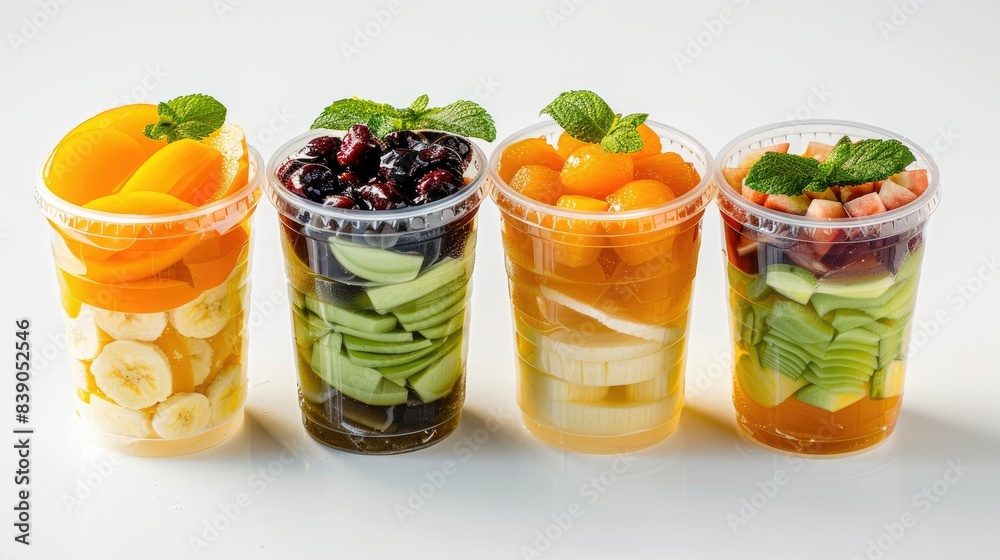 Assorted Kanom Look Choup, Thai fruit desserts in a clear plastic cup, isolated on white background, studio lighting Assorted Kanom Look Choup, Thai fruit desserts in a clear plastic cup, isolated on white background, studio lighting