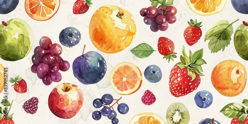 A colorful watercolor illustration featuring various fruits like apples  oranges  strawberries  grapes  and blueberries