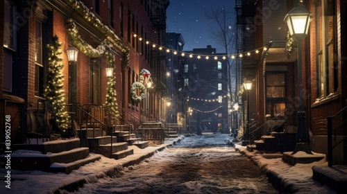 Christmas lights reflecting on a snowy street © Hafidhulkarim60
