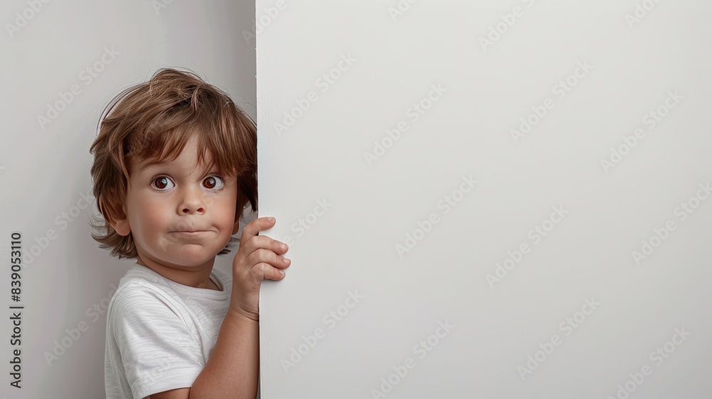 Innocent Curiosity: Little Boy Peeking Behind a White Wall on a White Background Innocent Curiosity: Little Boy Peeking Behind a White Wall on a White Background