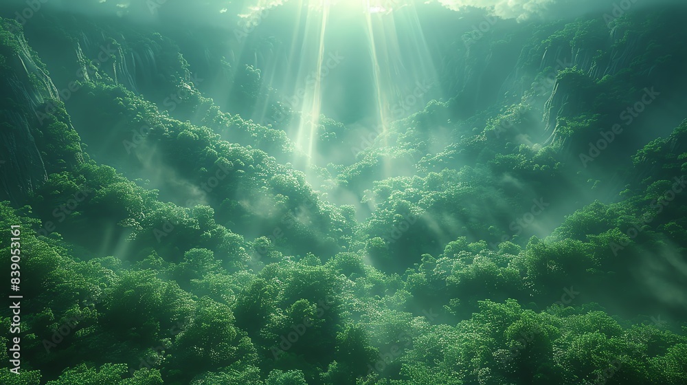 Obraz premium Sunlight rays illuminate a dense forest canopy from below, creating a mystical, otherworldly atmosphere.