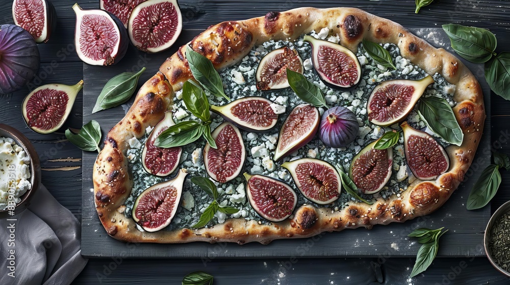 Create a mouthwatering, photorealistic, worms-eye view of a flatbread pizza topped with luscious figs and creamy goat cheese Create a mouthwatering, photorealistic, worms-eye view of a flatbread pizza topped with luscious figs and creamy goat cheese