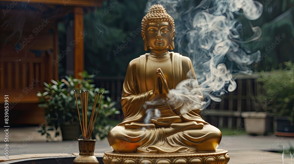 Buddha statue in golden robe on base, young novice bowing, incense burner in front, symbolizing wisdom and enlightenment,