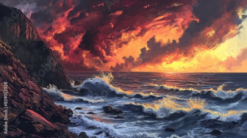 A dramatic coastal cliffside with waves crashing against the rocks below, the sky above painted in fiery hues.