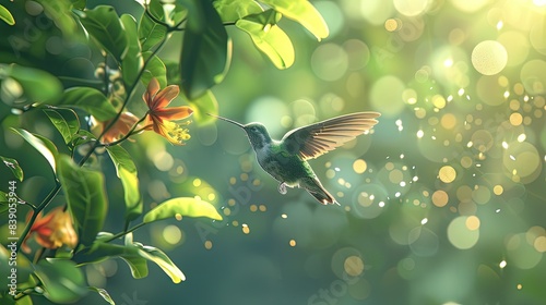 Bright hummingbird landing on a flower, detailed and realistic, forest bokeh background, sunlight dappling, high-res. photo