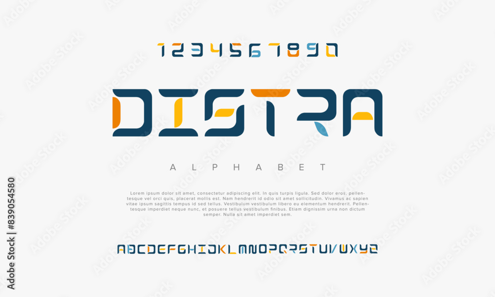 Fototapeta premium Distra creative geometric modern urban alphabet font. Digital abstract futuristic, fashion, sport, minimal technology typography. Simple numeric vector illustration