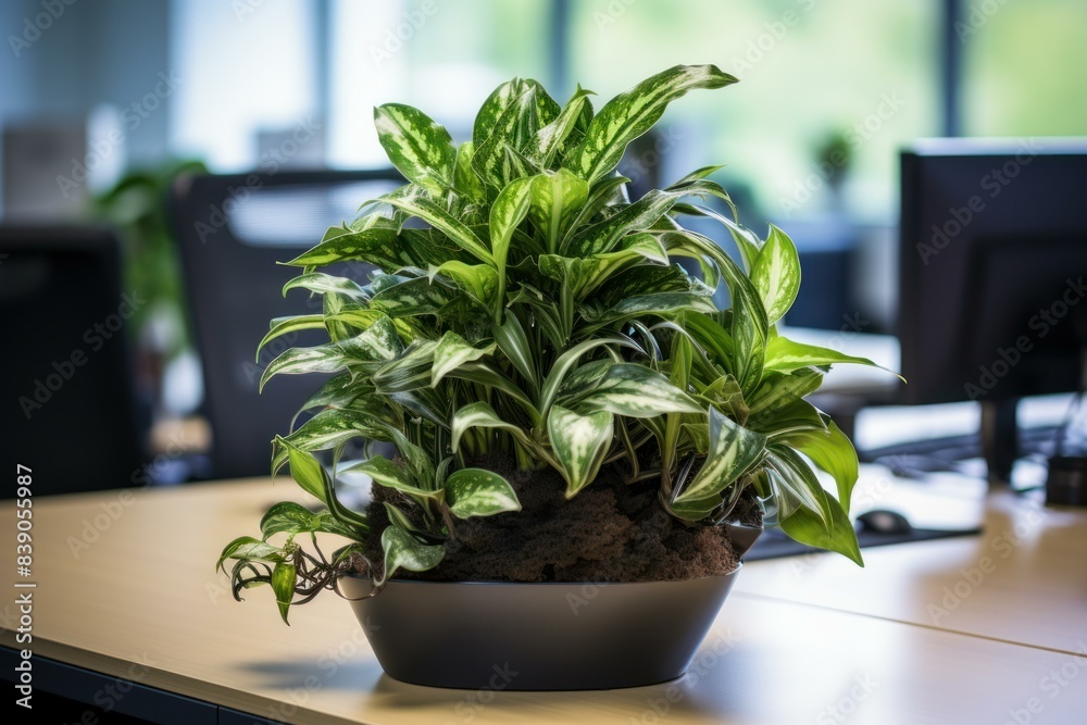 Vibrant potted plant on an office desk with computers and workspace in the background Vibrant potted plant on an office desk with computers and workspace in the background