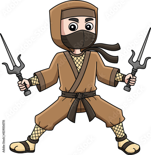 Ninja Holding a Twin Sai Cartoon Colored Clipart 