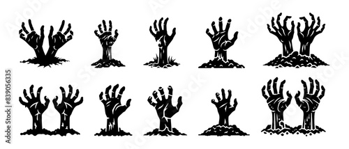 Zombie hand silhouette black filled vector Illustration icon. Collection of halloween silhouettes decorations icon and character. Witch, vampire, demon, creepy and spooky elements. 