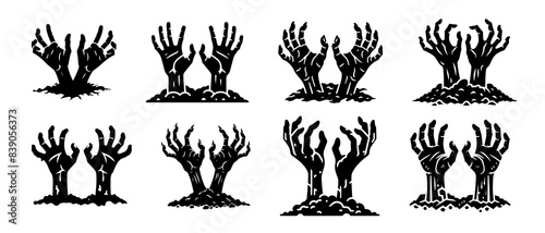 Zombie hand silhouette black filled vector Illustration icon. Collection of halloween silhouettes decorations icon and character. Witch, vampire, demon, creepy and spooky elements. 