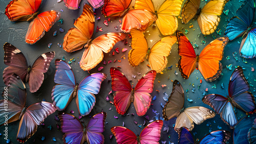 Colors of the rainbow. Pattern of multicolored Morpho butterflies creating a vibrant texture background