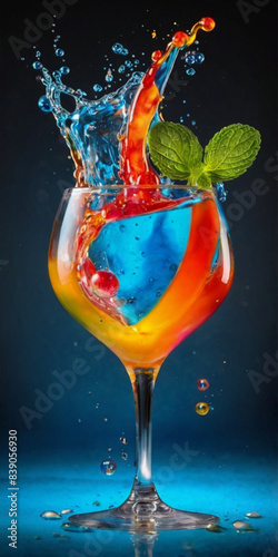 Create an artistic and vibrant digital illustration of a martini glass filled with colorful liquid splashes. 