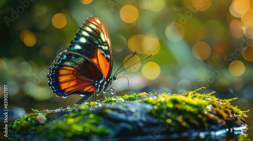 Colorful butterfly sips droplets from mossy rock, surrounded by forest bokeh and dappled sunlight on wings. © chanidapa