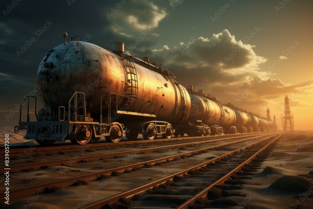 Naklejka premium Industrial freight train on desert tracks under a dramatic sunset sky