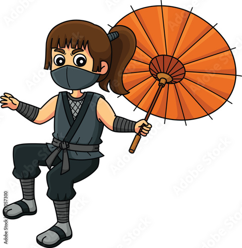 Ninja Kunoichi Holding an Umbrella Cartoon Clipart