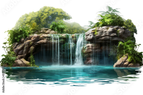 Serenity Unveiled: A Majestic Waterfall Dancing in a Lake on a White or Clear Surface PNG Transparent Background..