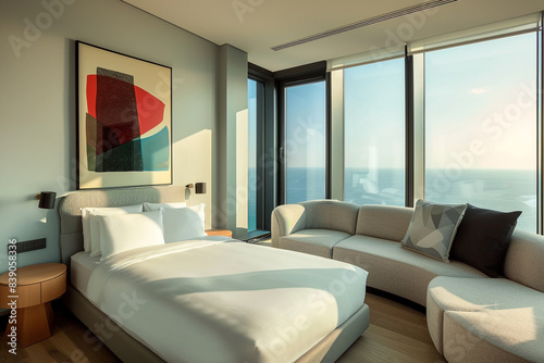 A modern hotel single bedroom with a cozy single bed  a minimalist nightstand  floor-to-ceiling windows with a sea view  abstract art on the wall  a sleek sectional sofa  and an oversized armchair.