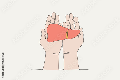 Colored hand holding heart. Organ donation day concept one-line drawing