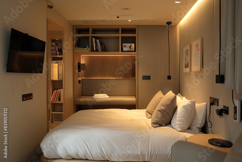 A modern hotel single bedroom featuring a minimalist bed  a small reading nook  and a wall-mounted TV.