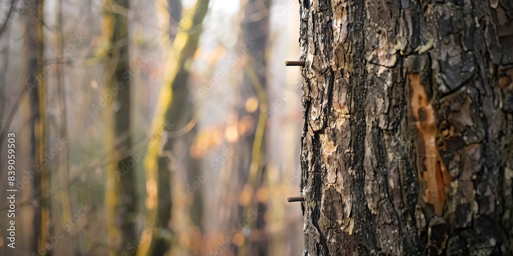 Trail markers on a tree, close-up with detailed bark texture, muted forest colors, soft morning light. Trail markers on a tree, close-up with detailed bark texture, muted forest colors, soft morning light.