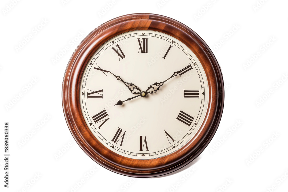 Timeless Elegance: Wooden Clock With Roman Numerals on White on a White or Clear Surface PNG Transparent Background.. Timeless Elegance: Wooden Clock With Roman Numerals on White on a White or Clear Surface PNG Transparent Background..