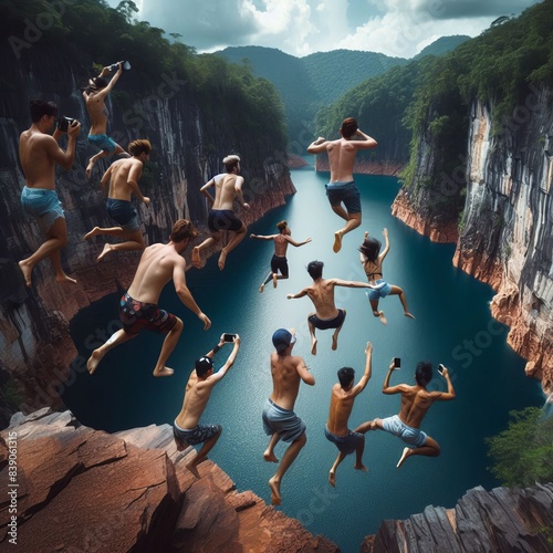 A group of friends jumping off a cliff into a deep blue swimming photo