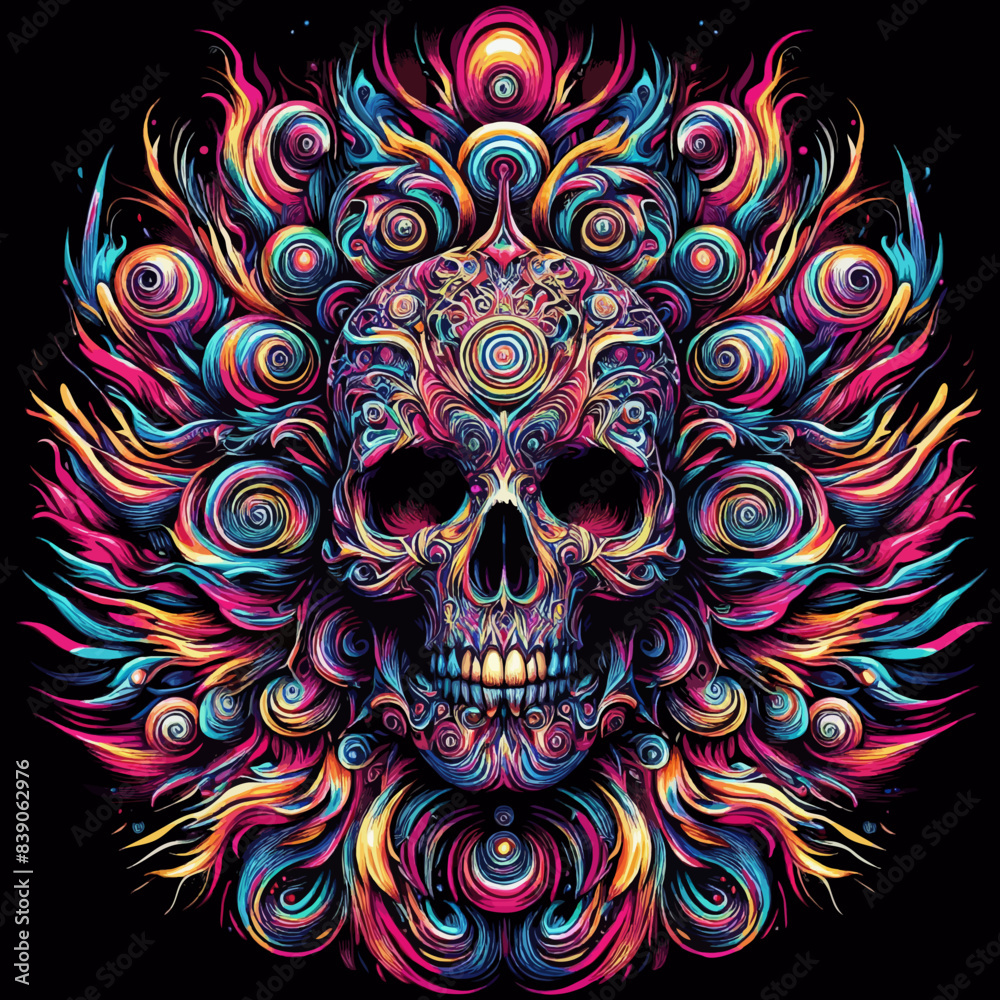 Vector psychedelic  vibrant skull t shirt design