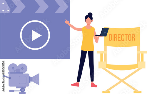 The girl is pointing at the video clapper recording.