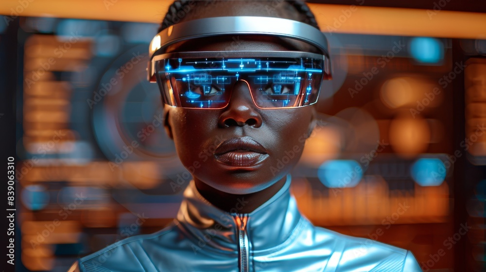Humanoid in the metaverse using VR glasses surrounded by weird futuristic symbols. Bright colors. Humanoid in the metaverse using VR glasses surrounded by weird futuristic symbols. Bright colors.