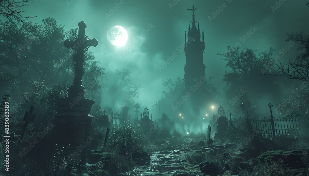 Eerie graveyard with a gothic tower under a full moon. Eerie graveyard with a gothic tower under a full moon.