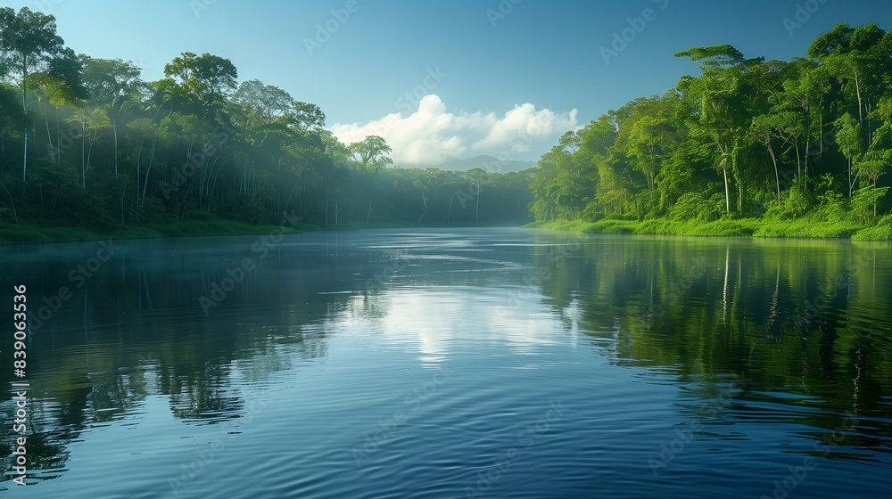 Calm River,lush green forests and clouds in an idyllic landscape banner. Calm River,lush green forests and clouds in an idyllic landscape banner.
