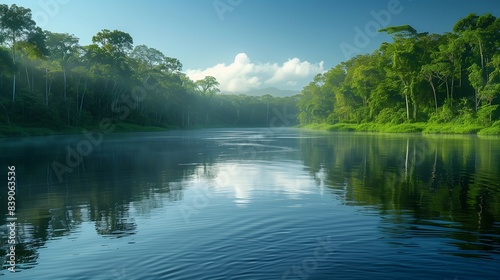 Calm River lush green forests and clouds in an idyllic landscape banner.