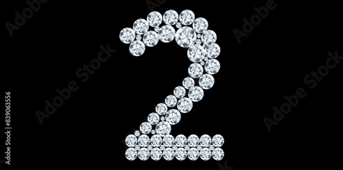 Silver Rhinestone Diamond Number 2 Luxury Text Design Vector Illustration, Diamond Bling Number On Black Background.
