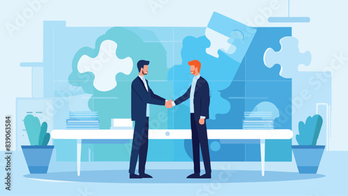 Partnership, teamwork or collaboration to success, solve jigsaw puzzle together, agreement or solution to win corporate trust, cooperation concept, vector