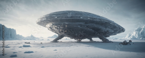 Ufo Spaceship landed on snowy landscape. Highly detailed and realistic illustration photo