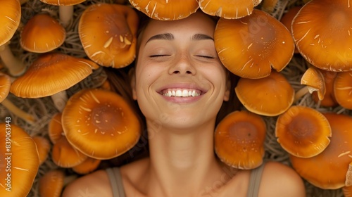 Asian woman having a psychedelic experience with magic mushrooms. Bright colors.