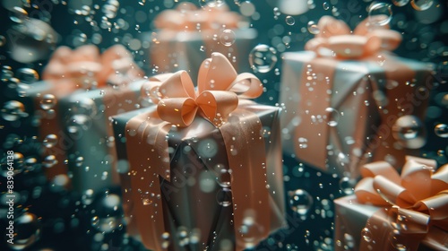 Pink gift boxes for birthday and under the sea, water air balls, wedding or valentine's day postcard. Generative AI