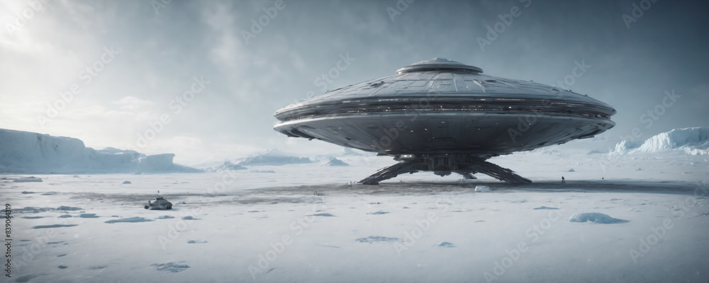 Ufo Spaceship landed on snowy landscape. Highly detailed and realistic illustration Ufo Spaceship landed on snowy landscape. Highly detailed and realistic illustration