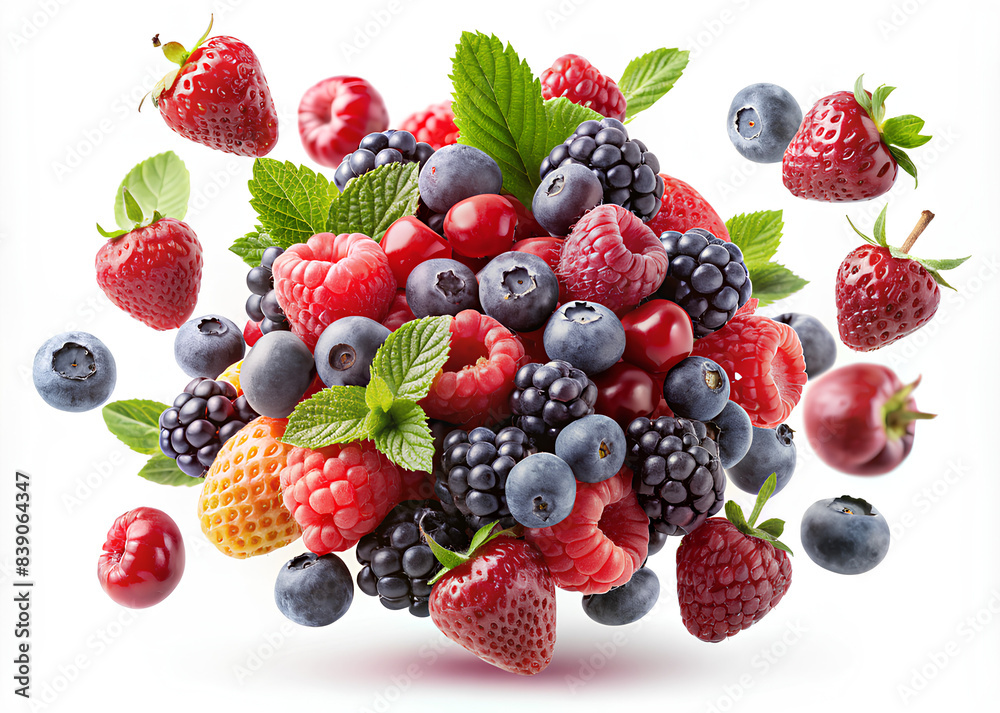 Falling pile of mixed berry on isolated white background, Clipping path Falling pile of mixed berry on isolated white background, Clipping path