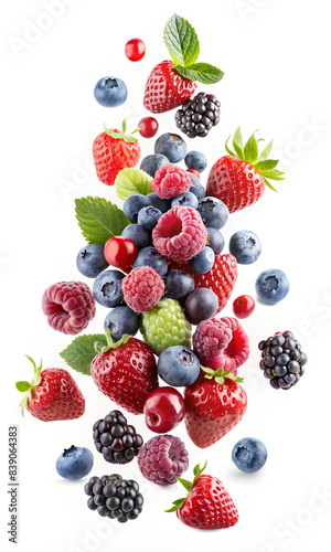 Falling pile of mixed berry isolated white background, Clipping path