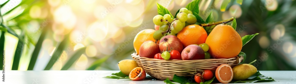 A basket of assorted fresh fruits with increasing value numbers in the background A basket of assorted fresh fruits with increasing value numbers in the background