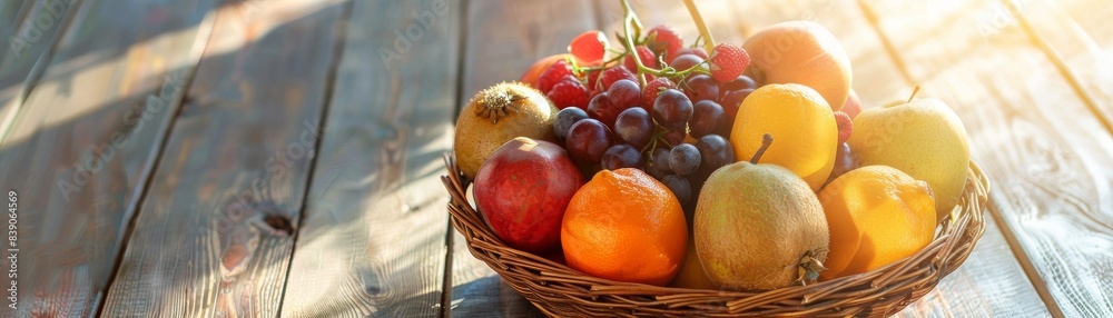 A large basket containing a variety of fresh fruits, placed on a wooden floor with a neutral background, vibrant and detailed, great for home decor and interior design themes A large basket containing a variety of fresh fruits, placed on a wooden floor with a neutral background, vibrant and detailed, great for home decor and interior design themes
