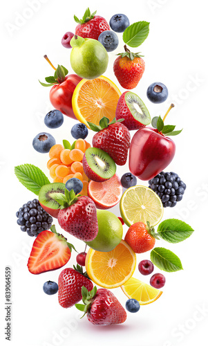 Falling pile of mixed fruits isolated white background  Clipping path