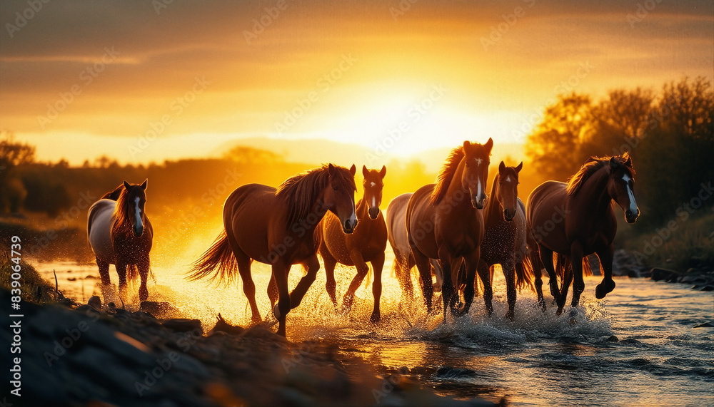 Fototapeta premium A wild herd of natural horses crossing the river, golden hour 