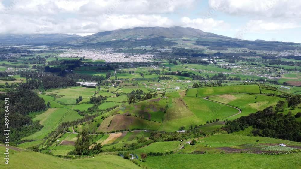 Aerial Drone Push Over Foothills And Valley below Pasochoa volcano, Puichig, Machachi valley, Cantón Mejía, Pichincha Province, Ecuador Aerial Drone Push Over Foothills And Valley below Pasochoa volcano, Puichig, Machachi valley, Cantón Mejía, Pichincha Province, Ecuador