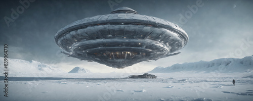 Ufo Spaceship landed on snowy landscape. Highly detailed and realistic illustration photo