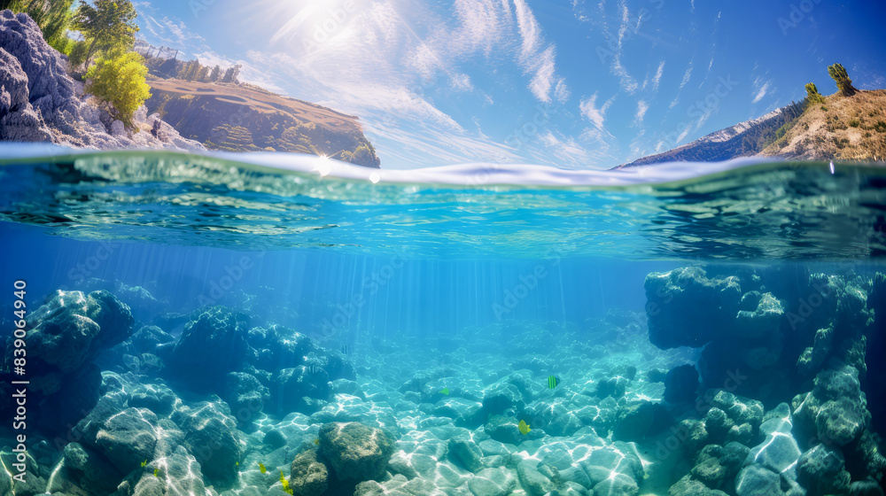 Beautiful blue underwater landscape, sky and mountains.